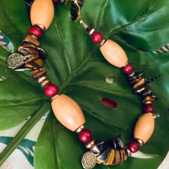 Handmade Vintage NECKLACE ⭐️GENUINE TIGERS EYE /NATURAL WOOD/COIN BEADS -NEW - Picture 3 of 5